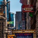 The front of the Ed Sullivan Theater showing the "Late Show With Stephen Colbert" marquee.